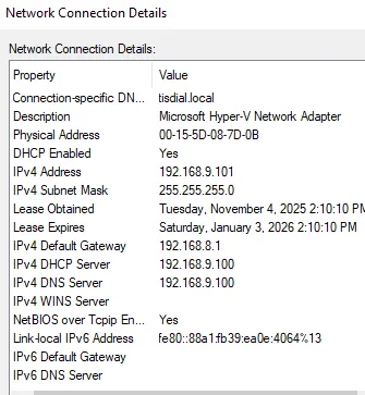 Success. The client (192.168.9.101) is on the correct subnet and using the Server (192.168.9.100) for DNS and DHCP